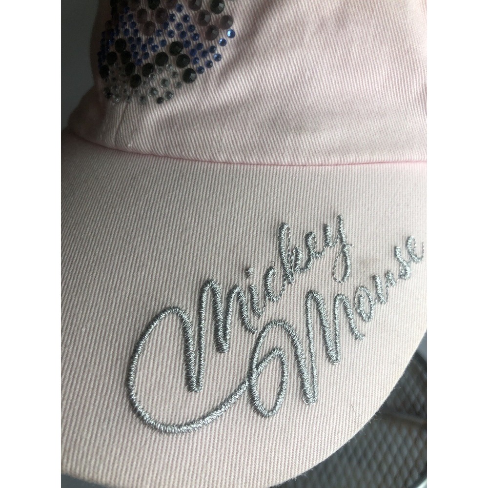 Disney Womens Pink Mickey Mouse Rhinestones‎ Emblem Adjustable Baseball Hat Cap